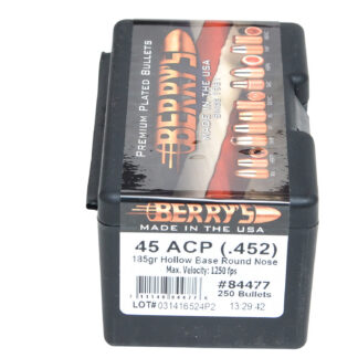 PLATED 45 CALIBER (0.452”) BULLETS 45 ACP (.452”) 185GR HOLLOW BASE ROUND NOSE 250/BOX