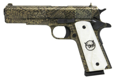 Iver Johnson Arms 1911A1WATERMOCCASIN 1911 A1 Water Moccasin 45 ACP 8+1 5″ Black Steel Barrel, Green Snakeskin Hydrographic Serrated Steel Slide & Frame w/Beavertail, White Synthetic Pearl Grip