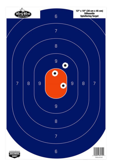 Birchwood Casey 35720 Dirty Bird  Silhouette Tagboard Hanging Pistol 12″ x 18″ Blue/Orange White Impact Splatter 50 Per Pkg