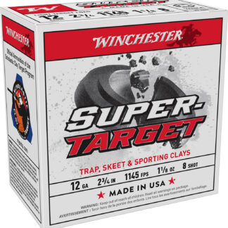 SUPER TARGET 12 GAUGE 2-3/4'' #8 SHOT SHOTGUN AMMO SUPER TARGET 12 GAUGE 2-3/4'' 1-1/8OZ #8 SHOT 1145FPS 25/BOX