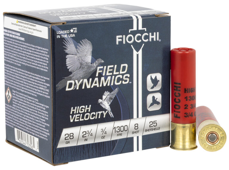 Fiocchi 28HV High Velocity 28ga 2 3/4in 2 1/4 dram equiv 3/4 ounc UPLAND GAME 28 GAUGE 2-3/4'' 3/4OZ #8 SHOT 25/BOX