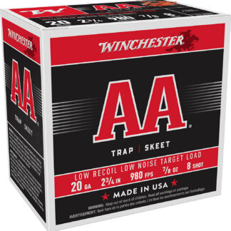AA LOW RECOIL LOW NOISE 20 GAUGE 2-3/4'' #8 SHOT SHOTGUN AMMO AA LOW RECOIL LOW NOISE 20 GAUGE 2-3/4'' 7/8OZ #8 SHOT 25/BOX