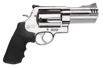 Smith & Wesson 163504 Model 500  X-Frame 500 S&W Mag Stainless      Steel 4″ Compensated Barrel & 5rd Cylinder, Satin Stainless Steel   X-Frame, Includes Two Muzzle Brakes & Internal Lock