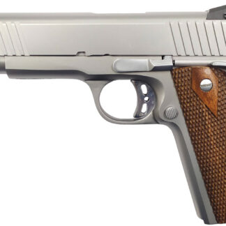 Rock Island 51414 Rock Standard FS *CA Compliant 45 ACP Caliber with 5" Barrel, 8+1 Capacity, Overall Matte Stainless Steel Finish, Beavertail Frame, Serrated Slide & Double Checkered Wood Grip