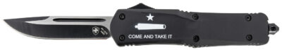 Templar Knife LCATI331 Gen II Come And Take It Large 3.50″ OTF Drop Point Plain Black Oxide Stonewashed 440C SS Blade, 5.25″ Black “Come And Take It” Aluminum Handle, Glass Breaker