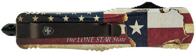 Templar Knife LTX631 Gen II Texan Large 3.50" OTF Drop Point Part Serrated Black Oxide Stonewashed 440C SS Blade, 5.25" Texas Flag Aluminum Handle, Glass Breaker