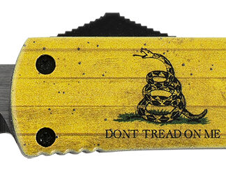 Templar Knife MDTOM331 Gen II Don't Tread On Me Slim 3.50" OTF Drop Point Plain Black Oxide Stonewashed 440C SS Blade, 5.05" Yellow w/Flag & "Don't Tread On Me" Aluminum Handle, Glass Breaker