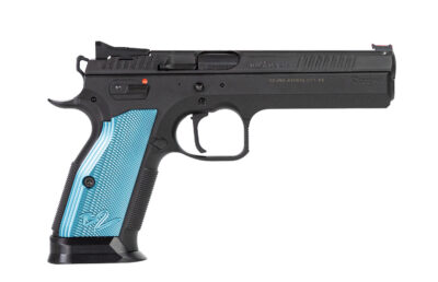 CZ-USA 91220 TS 2  9mm Luger 20+1 5.28″ Blued Steel Barrel, Black Serrated Steel Slide, Black Polycoat Steel Frame w/Beavertail, Blue Checkered Aluminum Grip, Ambidextrous