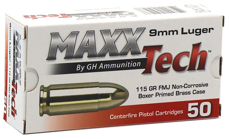 MaxxTech PTGB9MMB Brass Pistol  9mmLuger 115gr Full Metal Jacket 50 Per Box/10 Case