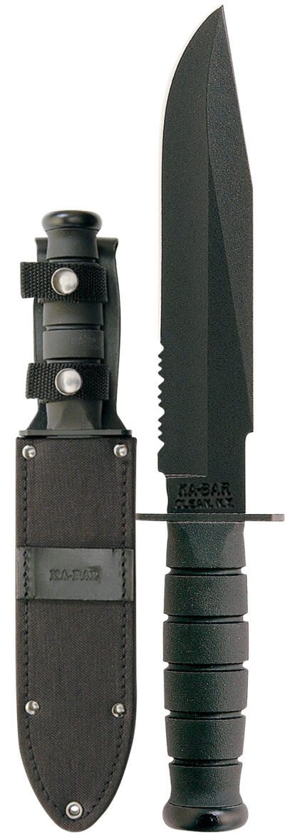 Ka-Bar 1271 Fighter  8″ Fixed Clip Point Part Serrated Black 1095 Cro-Van Blade, Black Kraton G Handle, Includes Sheath