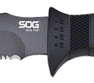 S.O.G SOGM37NCP Seal Pup  4.75" Fixed Clip Point Part Serrated Powder Coated AUS-8A SS Blade Black w/Raised Diamond Pattern GRN Handle Includes Lanyard/Sheath