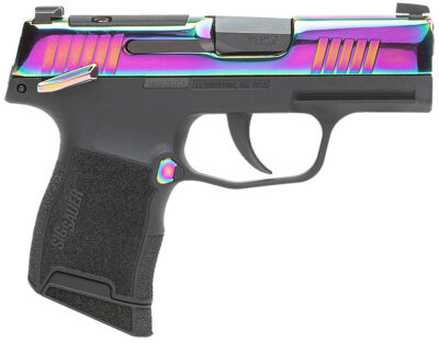 Sig Sauer 365380RBTMS P365  Micro-Compact 380 ACP 10+1 3.10″ Black Carbon Steel Barrel, Rainbow Titanium Optic Ready/Serrated Slide, Black Steel Frame w/Rainbow Accents, Black Polymer Grips
