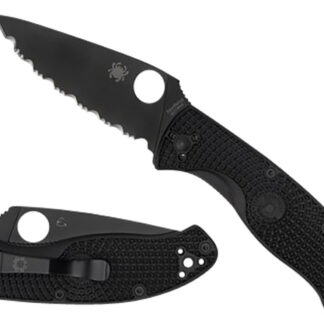 Spyderco C122PSBBK Tenacious Lightweight 3.39" Folding Part Serrated Black Oxide 8Cr13MoV SS Blade/Black Bi-Directional Texturing FRN Handle Includes Pocket Clip
