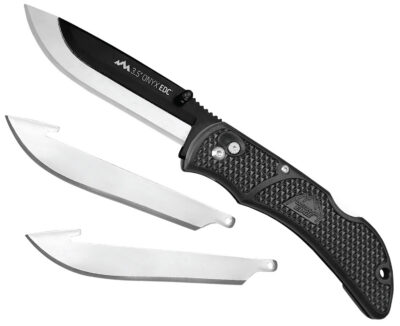 Outdoor Edge OX10C Onyx  3 Blades, 3.50″ Folding Drop Point Plain Satin/Black Oxide 420J2 SS Blade, 4.50″ Black Textured Grivory Handle