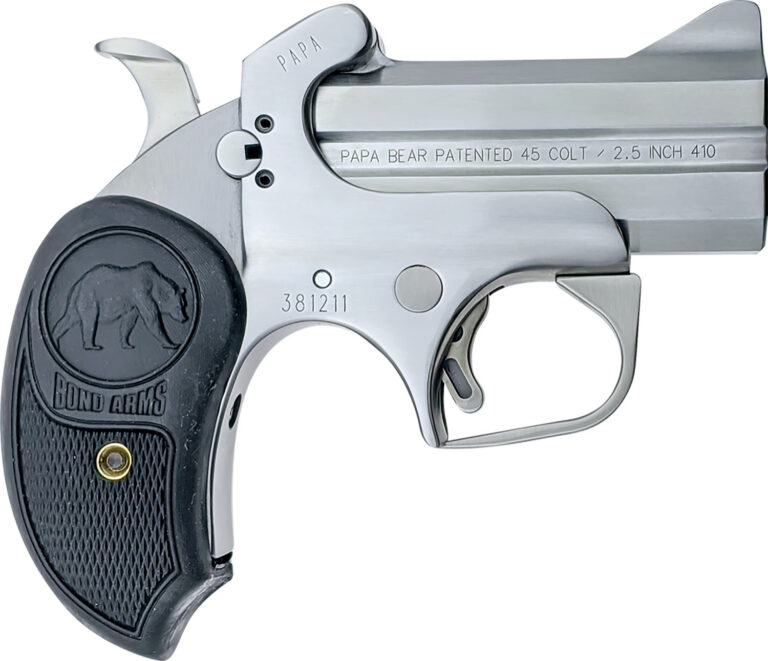 Bond Arms BAPB Papa Bear  45 Colt (LC)/410 Gauge 2rd 3" Stainless Steel Double Barrel & Frame, Auto Extractors & Rebounding Hammer, Blade Front/Fixed Rear Sights, Extended Rubber Grip, Manual Safety
