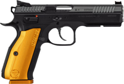 CZ-USA 91248 Shadow 2  9mm Luger 17+1 4.89″ Stainless Steel Barrel, Black Nitride Optic Cut/Serrated Slide, Black Steel Frame w/Beavertail & Picatinny Rail, Orange Checkered Aluminum Grip