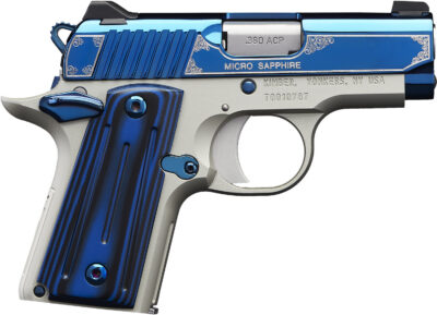 Kimber Mfg.,inc 3300090 Micro Sapphire NS 380 ACP 7+1 2.75″ Polished Bright Blue PVD Coating Cut Scroll Engraving and Border Stainless Steel Thin blue/black ball-milled G-10 Grip