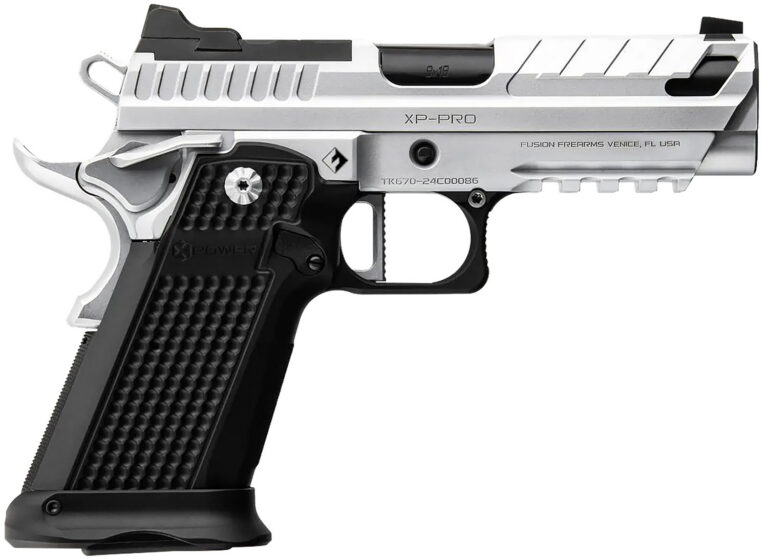 Fusion Firearms XP9C XP Pro 25ACP Black Tennifer Bull Barrel, Chrome Optic Cut/Serrated/Window Cut Aluminum Slide, Chrome Steel Frame w/Beavertail & Picatinny Rail, Interchangeable Panels Grip Legal
