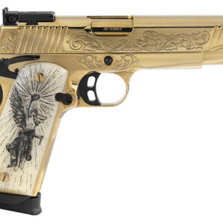 GIRSAN MC1911 MATCH GOLD .38 SUPER GOVERNMENT 1911 5IN BARREL 9RD S/A PISTOL ENGRAVED WOOD BOX ADJ SIGHT AMBI SAFETY CUSTOM ENGRAVED GRIPS 391093