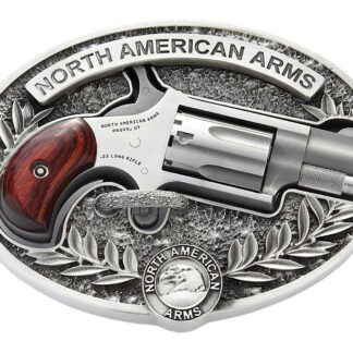 North American Arms 22LR-BBO Mini-Revolver w/Belt Buckle 22 LR 5 Shot 1.13" Stainless Steel Barrel, Frame & Cylinder, Rosewood Birdshead Grip, Exposed Hammer, Includes Custom Carry Belt Buckle
