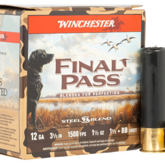 FINAL PASS 12 GAUGE 3-1/2” #1.5 & #BB SHOT BLEND SHOTGUN AMMO FINAL PASS 12 GAUGE 3-1/2'' 1-1/2OZ #1.5 & #BB BLEND 25/BOX