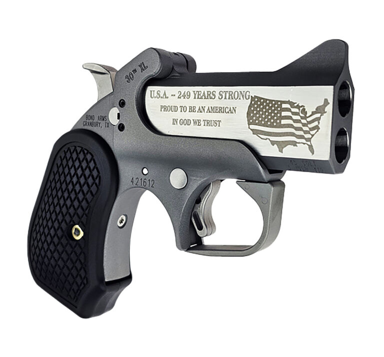 BOND ARMS 30TH XL ANNIVERSARY ENGRAVED ROUGH SERIES 45LC/410 3IN FLAT SIDED STAINLESS STEEL BARREL STAINLESS STEEL FRAME WITH ROUGH SERIES FINISH TRIGGER GUARD AND B6 EXTENDED GRIPS LIMITED EDITION BA30THXL-45LC/410