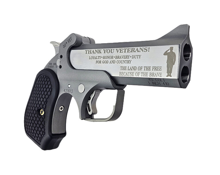 BOND ARMS 30TH VET ANNIVERSARY ENGRAVED ROUGH SERIES 45LC/410 4.25IN FLAT SIDED STAINLESS STEEL BARREL STAINLESS STEEL FRAME WITH ROUGH SERIES FINISH TRIGGER GUARD AND B6 EXTENDED GRIPS LIMITED EDITION BA30THVET-45LC/410