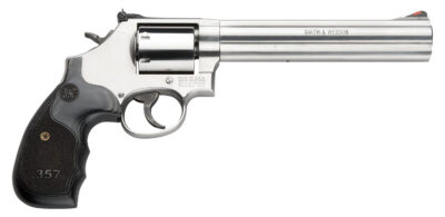 Smith & Wesson 150855 Model 686 Plus 38 S&W Spl +P, 357 Mag 7rd 7″ Stainless Steel Barrel & Cylinder Satin Stainless Steel Frame with Black & Silver Custom Wood Grip & Red Ramp Front Sight