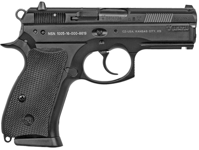 CZ-USA 01199 P-01 Compact Compact Frame 9mm Luger 10+1, 3.75" Blued Steel Barrel, Black Serrated Steel Slide, Black Polycoat Aluminum Frame w/Beavertail, Black Rubber Grip