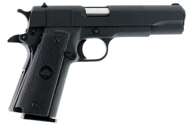 Rock Island 51453 GI Standard FSHC *CA Compliant 45 ACP Caliber with 5" Barrel, 10+1 Capacity, Overall Black Parkerized Finish Steel, Beavertail Frame, Serrated Slide & Black Rubber Grip