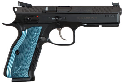 CZ-USA 91257 Shadow 2  SA/DA 9mm Luger 4.89″ 17+1 Overall Black Nitride Finish with Inside Railed  Steel Slide, Blue Aluminum Grip, Non-Tilted Barrel & Picatinny Rail