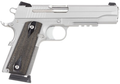 Sig Sauer 1911R45SSSCA 1911 Full Size *CA Compliant 45 ACP Caliber with 5″ Barrel, 8+1 Capacity, Overall Stainless Steel Finish, Picatinny Rail/Beavertail Frame, Serrated Slide & Blackwood Grip