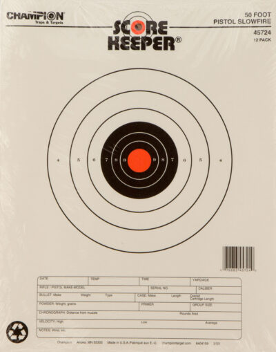Champion Targets 45724 Score Keeper Slow Fire Bullseye Paper Hanging 50 foot Pistol 11″ x 16″ Black/Orange 12 PK