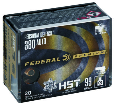 Federal P380HST1S Premium Personal Defense Micro 380ACP 99gr HST Jacketed Hollow Point 20 Per Box/10 Case ACP 99 gr HST Jacketed
