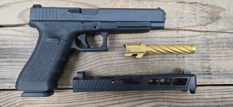 Glock 34, 5.3" Barrel, Semi-automatic, Handgun, Black, Zefari Precision Slide w/RMR Optics Cut and Night Fusion Night Sights, NineX19 Gold Fluted Barrel, 2 Magazines, OEM Slide and Barrel