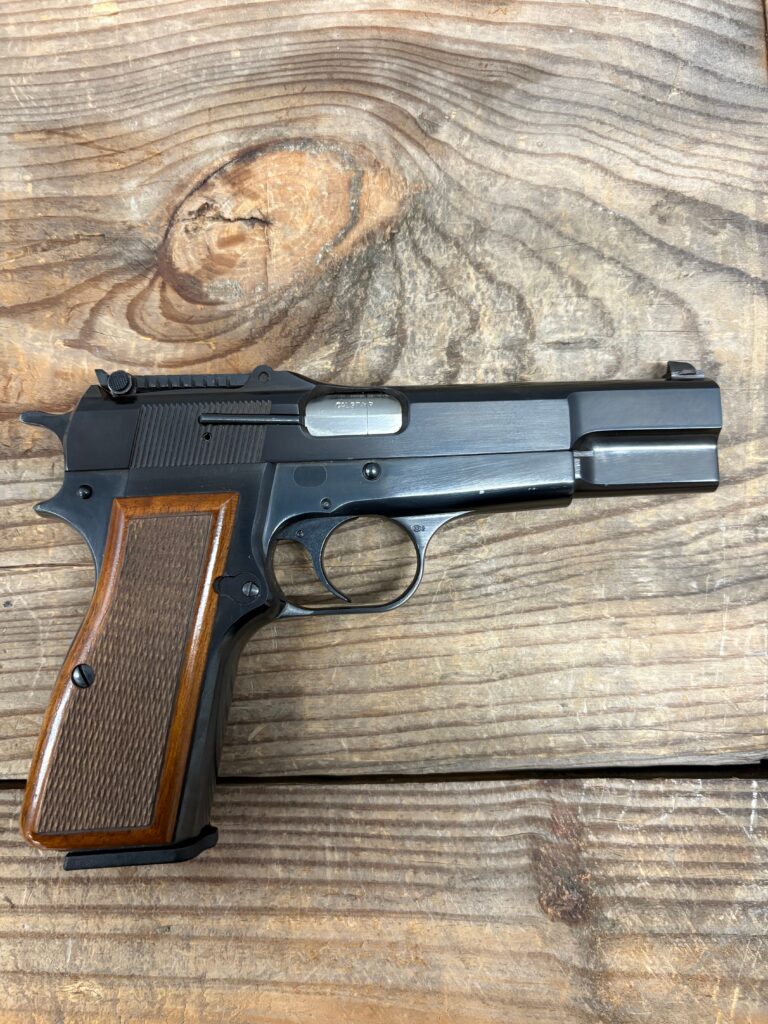Browning Hi Power, Made In 1975, 9mm, Semi-Auto, Blued Finish, Target Sights, 4.7" Barrel, Two Magazines, Black Leather Pistol Case