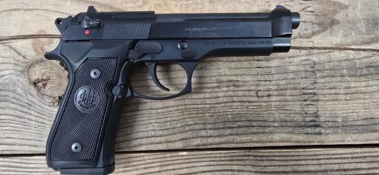 Beretta M9, 9mm Luger 10+1, 4.90" Steel Barrel, Black Bruniton Serrated Steel Slide & Aluminum Frame w/Beavertail, Ambidextrous, 2 Magazines, OEM Box