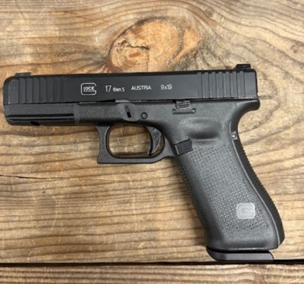 GLOCK, 17 Gen 5, Striker Fired, Polymer Frame Pistol, Full Size, 9MM, 4.49" Marksman Barrel, DLC Finish, Fixed Sights, Ambidextrous Slide Stop Lever, Flared Mag Well, No Finger Grooves, Front Serrations, 10 Rounds, 1 Magazine, OEM Box