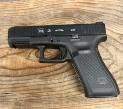 GLOCK, 45, Striker Fired, Semi-automatic, Polymer Frame Pistol, Compact, 9MM, 4.02″ Barrel, Glock Marksman Barrel, nDLC Finish, Black, No Finger Grooves, Fixed Sights, Front Serrations, Ambidextrous Slide Stop Lever, Flared Mag Well, 10 Rounds, 1 Magazine, OEM Case