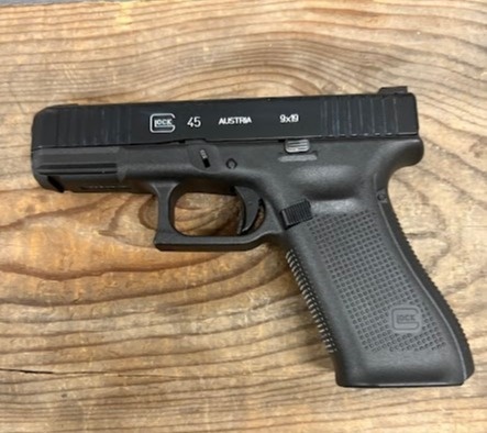 GLOCK, 45, Striker Fired, Semi-automatic, Polymer Frame Pistol, Compact, 9MM, 4.02" Barrel, Glock Marksman Barrel, nDLC Finish, Black, No Finger Grooves, Fixed Sights, Front Serrations, Ambidextrous Slide Stop Lever, Flared Mag Well, 10 Rounds, 1 Magazine, OEM Case
